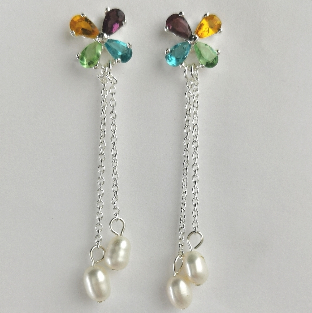 Peridot Citrine Amethyst Fluorite Pearl Dangle Earrings Sterling Silver 🆕